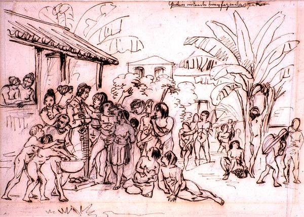 Indiánok egy birtokra látogató Brazíliában, 1825 körül (toll és barna tinta ceruzán) alkotó: Johann Moritz Rugendas