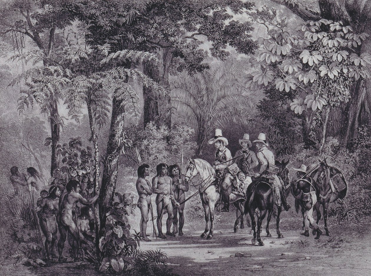 Az indiánok találkozása az európai felfedezőkkel a „Picturesque Voyage to Brazíliába” c. alkotó: Johann Moritz Rugendas
