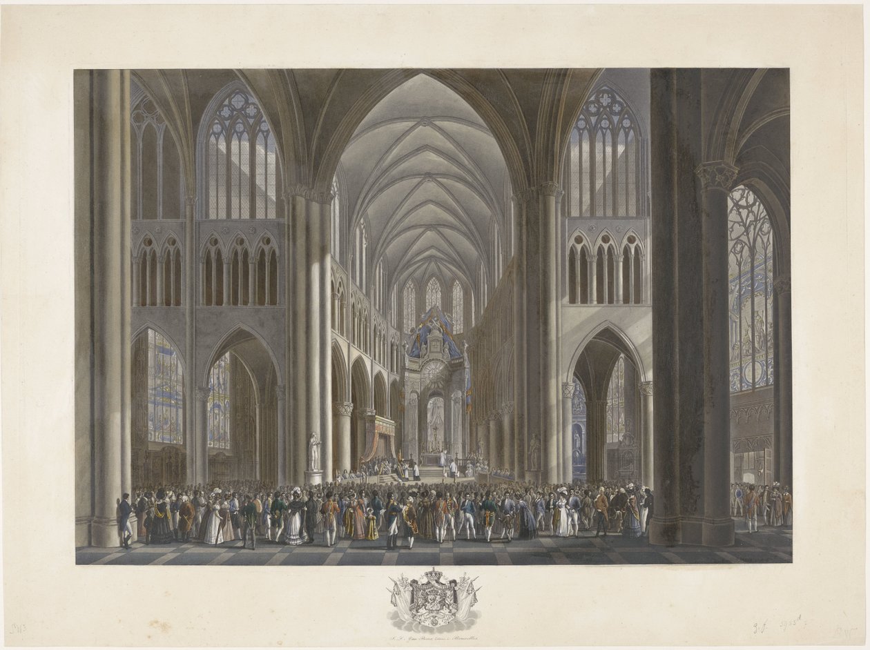 I. Vilmos király áldása a brüsszeli Szent Gudula-templomban 1815. szeptember 21-én Tizenkét lemez I. Vilmos brüsszeli érkezéséről és beiktatásáról, valamint az 1815-ös Quatre-Bras-i és Waterloo-i csatákról (sorozat címe) alkotó: Johann Nepomuk Gibèle (possibly)