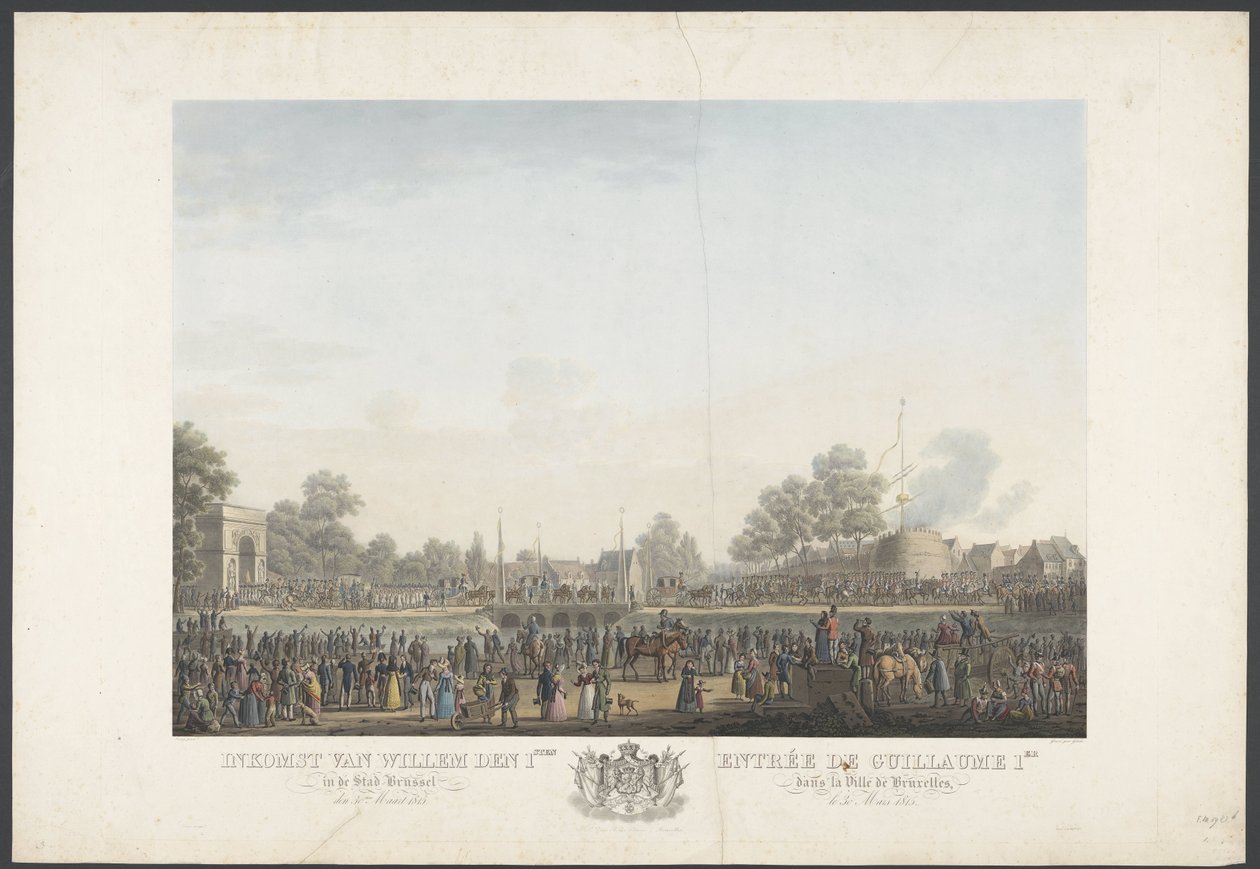 Willem 1. belépése Brüsszel városába 1815. március 30-án / Entrée de Guillaume 1er dans la Ville de Bruxelles, le 30 Mars 1815 (cím a tárgyon) Tizenkét lemez Willem I brüsszeli érkezéséről és beiktatásáról, valamint a Quatre-Bras-i csatákról alkotó: Johann Nepomuk Gibèle