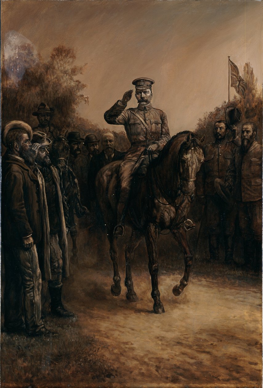 Lord Kitchener tábornok tiszteleg, amint ellovagol a búr vezetők mellett, akik állnak, levetik kalapjukat, 1902 alkotó: Johann Nepomuk Schonberg