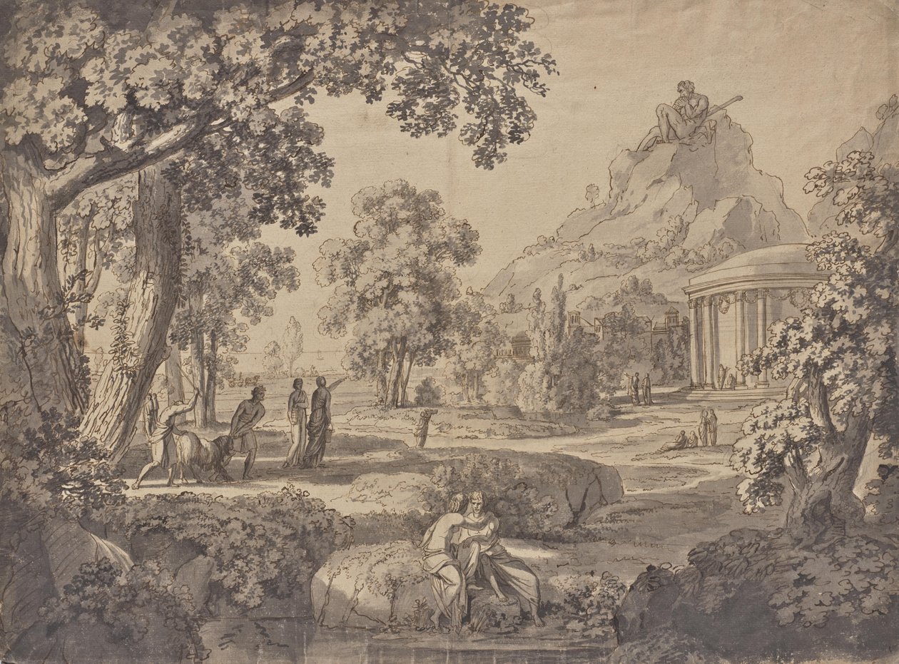 Klasszikus tájkép templommal, óriás a hegyen alkotó: Johann Nepomuk Schödlberger