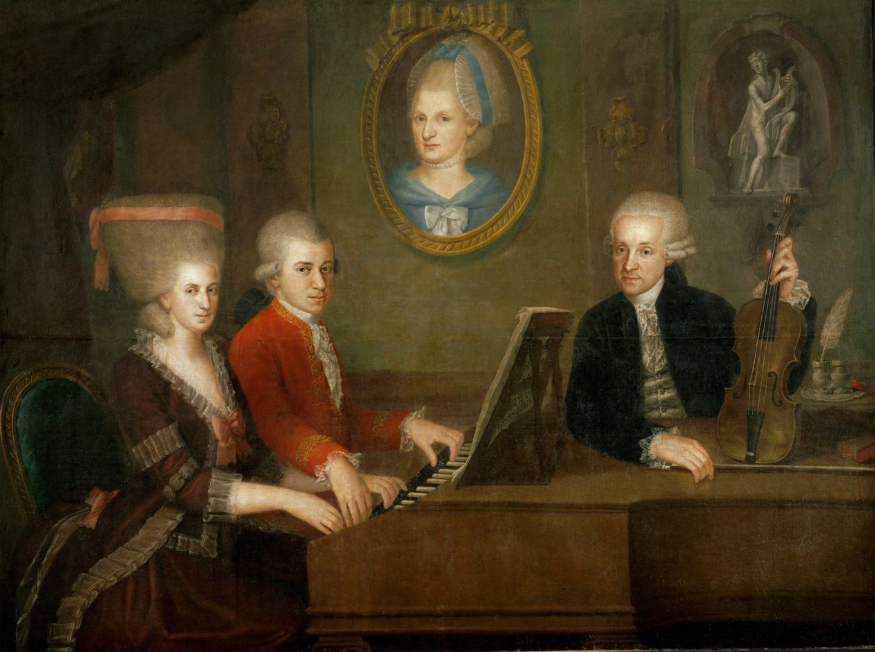 A Mozart család: Wolfgang és nővére, Nannerl a zongoránál ;apa, Leopold Mozart hegedűvel ... (olaj, vászon) alkotó: Johann Nepomuk della Croce