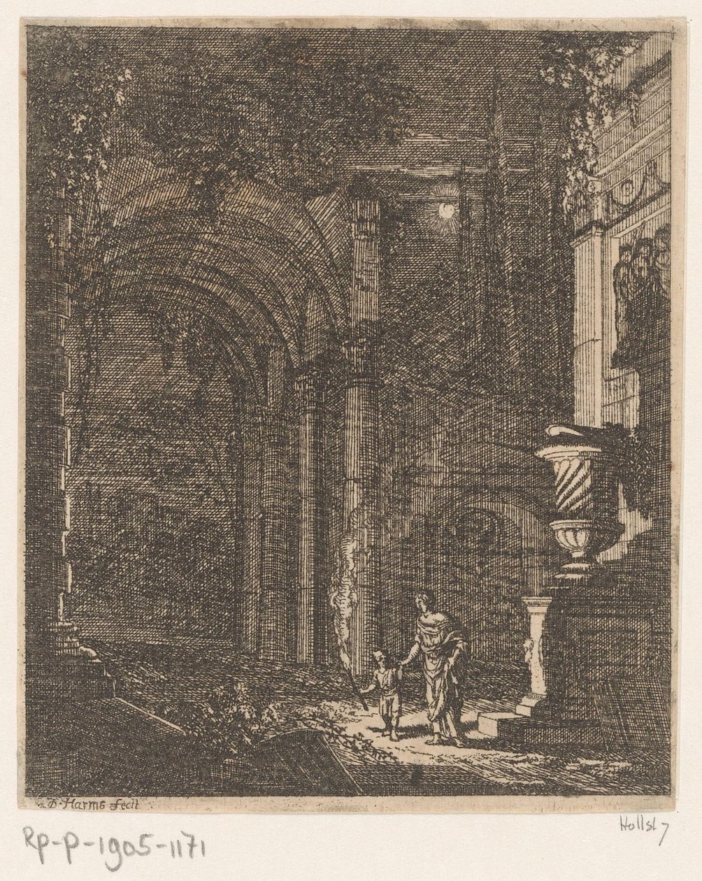 Két alak fáklyával világítja meg az ősi romokat Ősi romok és épületek (sorozat címe) Alcune Inventione de Ruini et Architectura (...) (sorozat címe) alkotó: Johann Oswald Harms