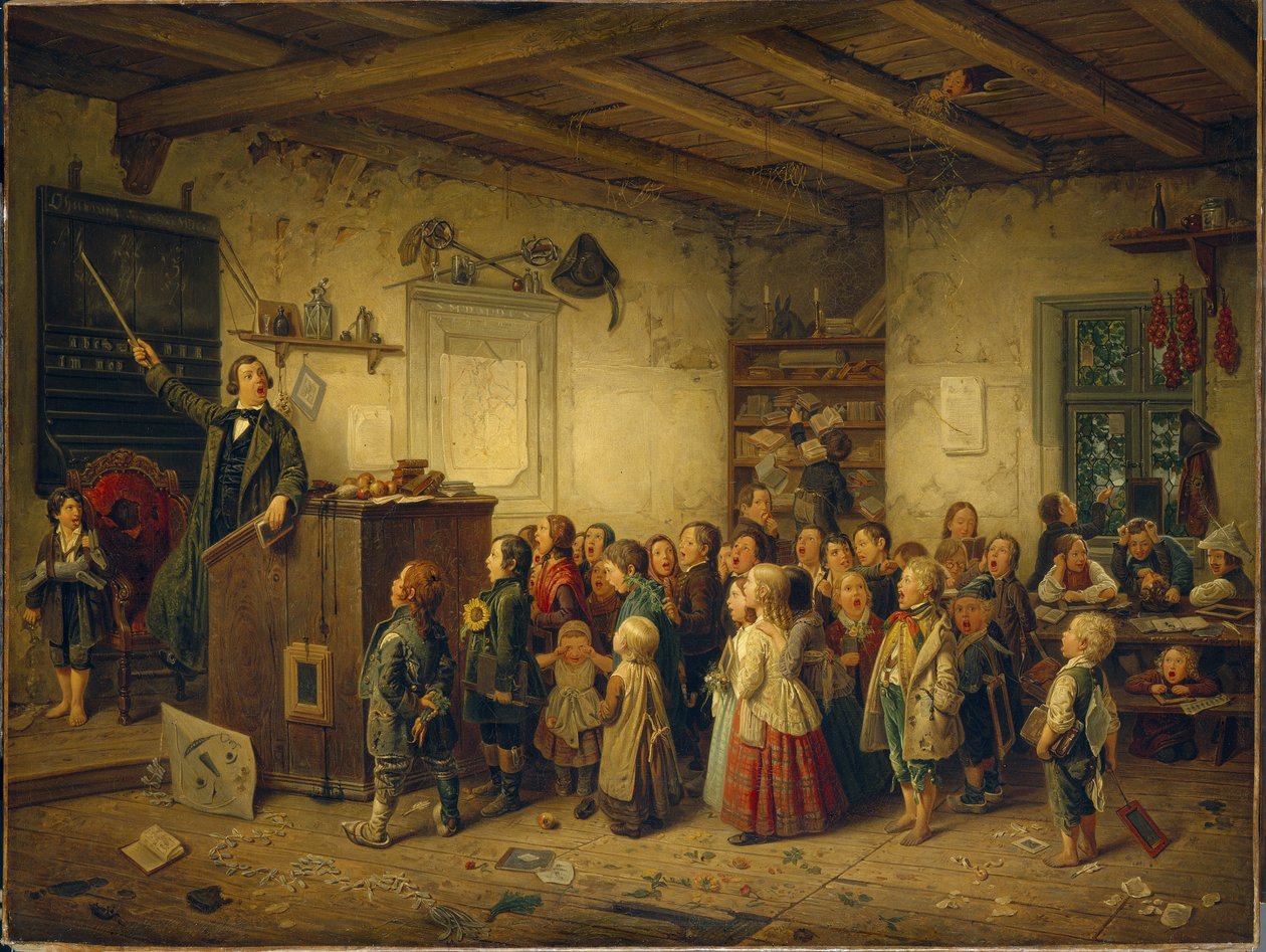 Hieronymus Jobs tanár. Részlet a Jobsiade sorozatból. (H. Jobs tanítás. A Jobsiada sorozatból). A Jobsiade vagy a teológiai jelölt élete Mr. Jobs, Conrad Arnold Kortum orvos (1745-1824) német képregénye. Az itt bemutatott jelenet dec alkotó: Johann Peter Hasenclever