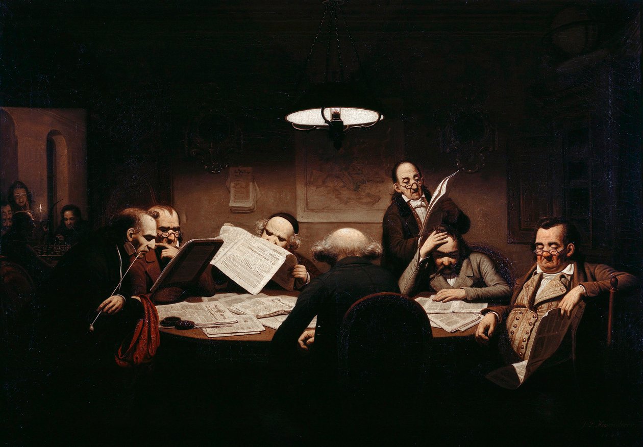 ""Az olvasóterem"" Férfiak egy rosszul megvilágított asztal körül olvassák a sajtót - Johann Peter Hasenclever (1810-1853) festménye 1843 Staatliche Museen, Berlin alkotó: Johann Peter Hasenclever