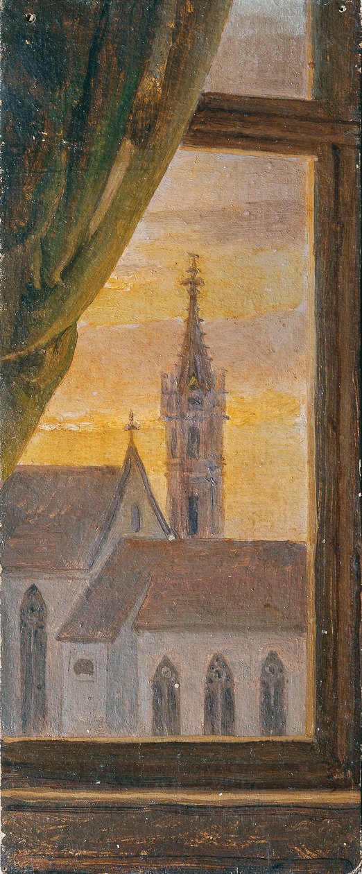 Kilátás egy gótikus templomtorony ablakán keresztül alkotó: Johann Peter Krafft