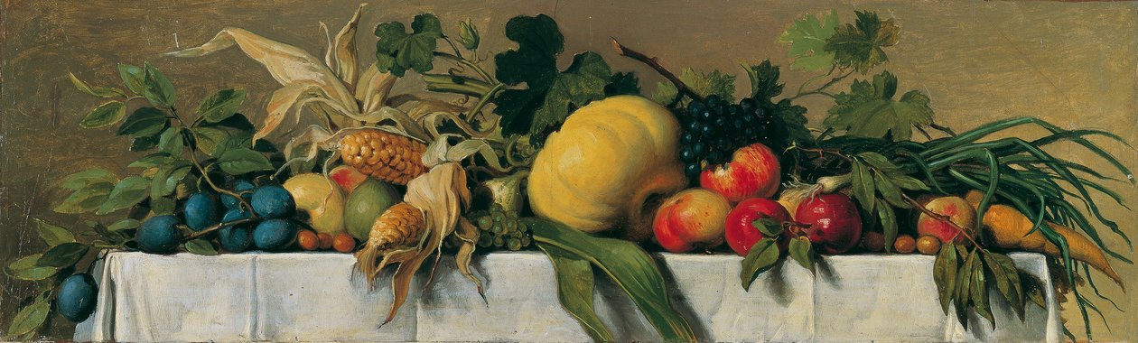 Csendélet gyümölcsökkel és zöldségekkel egy fehér terítőn alkotó: Johann Peter Krafft