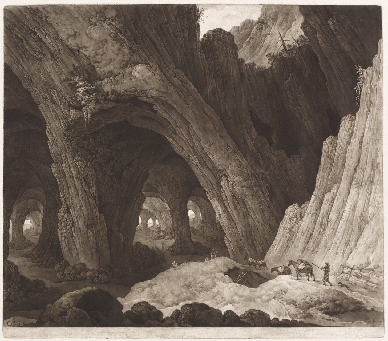 Gigantikus barlangokban pihenő utazók alkotó: Johann Peter Pichler, after Guillam Dubois