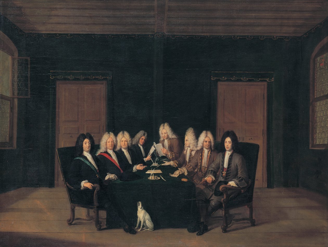 Franciául:  Les emissaires au traité de Bade en septembre 1714 A badeni békekongresszus küldöttei 1714. szeptember 7-én. alkotó: Johann Rudolf Huber