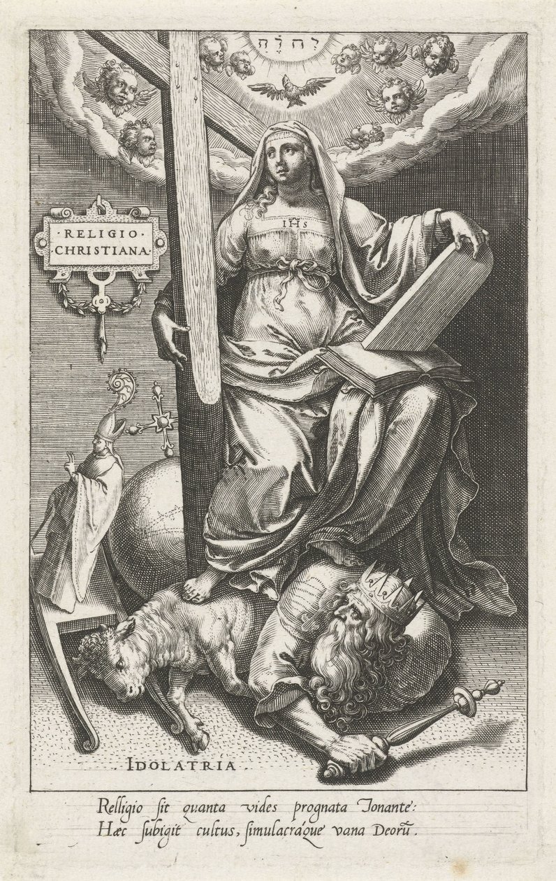 A keresztény vallás (Religio Christiana) legyőzi a bálványimádást (Idolatria) Christiana vallás (cím a tárgyon) Az erények legyőzik a bűnöket (sorozat címe) alkotó: Johann Sadeler (I)