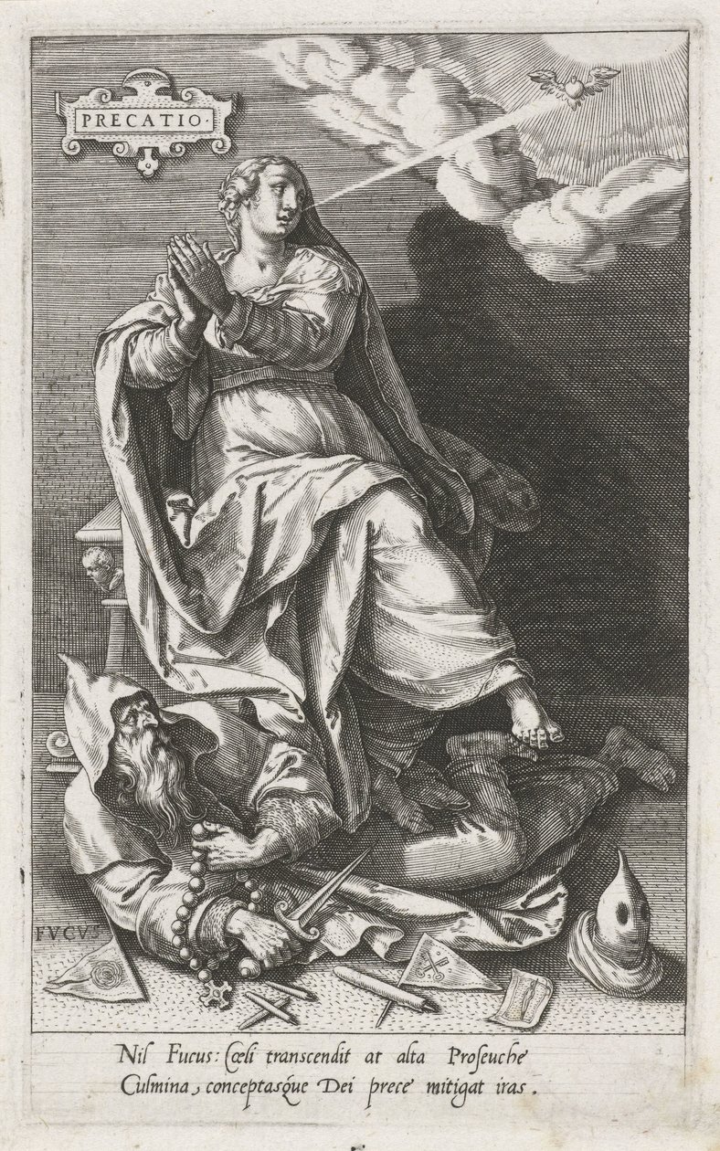 Az ima (Precatio) legyőzi a képmutatást (Fucus) Precatio (cím az objektumon) Az erények legyőzik a bűnöket (sorozat címe) alkotó: Johann Sadeler (I)