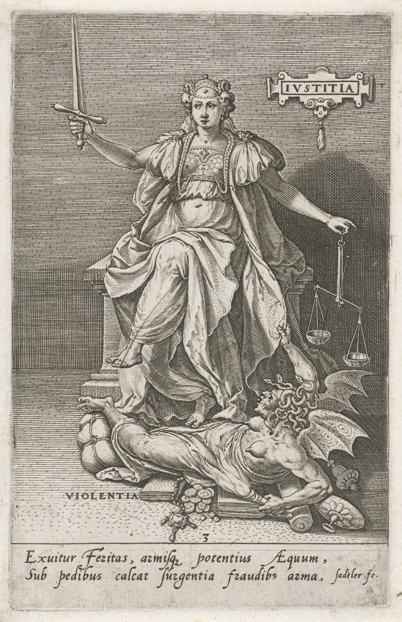 Az igazságosság (Justitia) legyőzi az erőszakot (Violentia) Igazságosság (cím a tárgyon) Az erények legyőzik a bűnöket (sorozat címe) alkotó: Johann Sadeler (I)