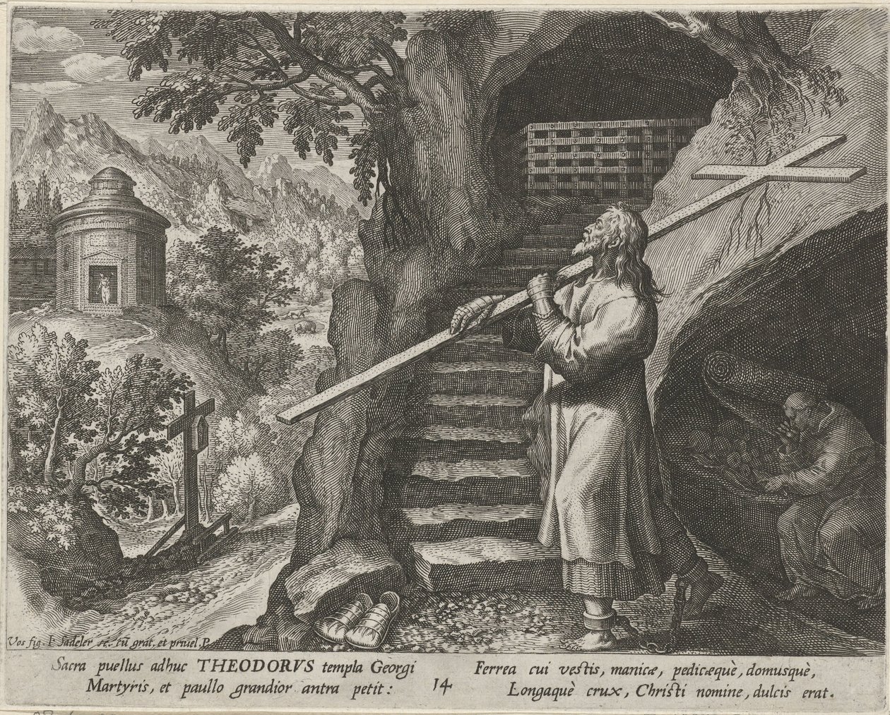 Szent Theodore Tiro remeteként Remeték erényes élete (sorozat címe) Trophaeum vitae solitariae (sorozat címe) alkotó: Johann Sadeler (I)