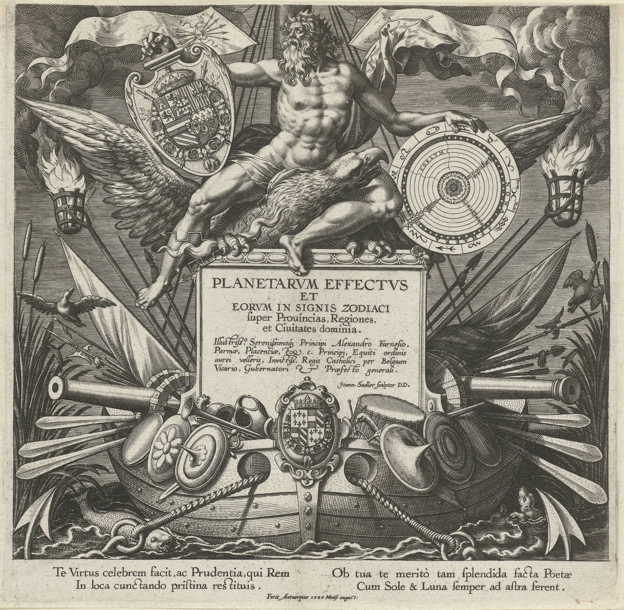 Jupiter en een oorlogsschip met het wapen Alessandro Farnese Titelprent van een prentserie over de influence van de planeten over streken A bolygók és jeleik hatásai az állatövben (sorozat címe) Planetarvm effectvs és eorvm az állatöv jegyeiben (szer alkotó: Johann Sadeler (I)