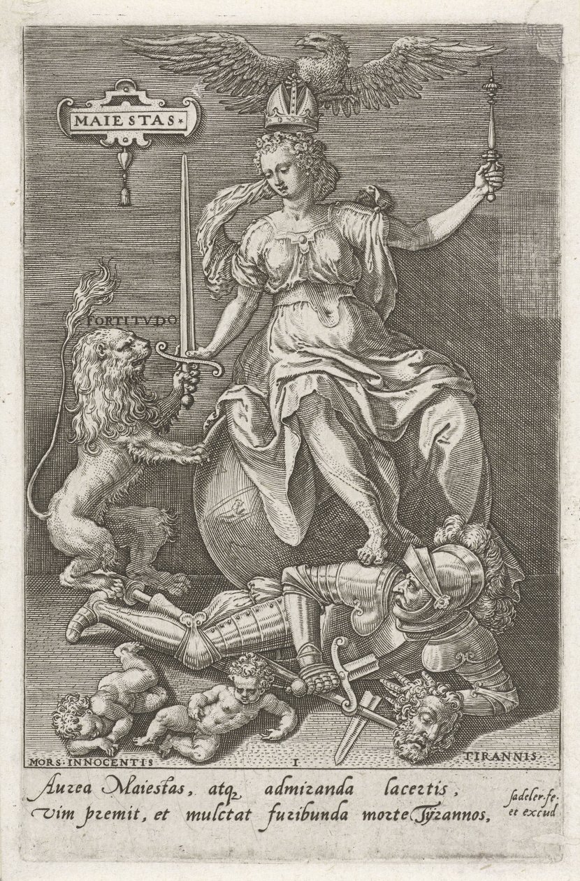 A méltóság (Majestas) legyőzi a zsarnokságot (Tyrannis) Maiestas (cím az objektumon) Az erények legyőzik a bűnöket (sorozat címe) alkotó: Johann Sadeler (I)