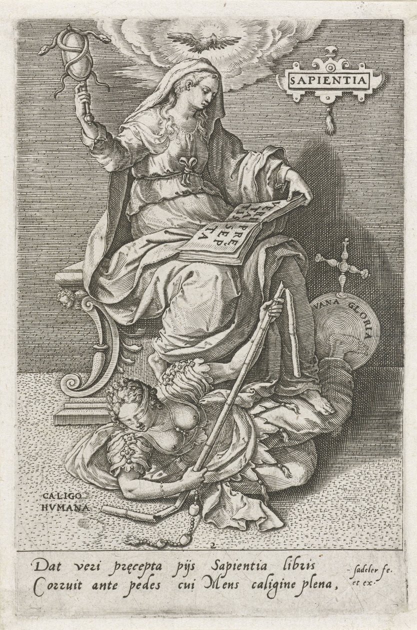A bölcsesség (Sapientia) legyőzi az emberi zavarodottságot (Caligo Humana) sapientia (cím a tárgyon) Az erények legyőzik a bűnöket (sorozat címe) alkotó: Johann Sadeler (I)