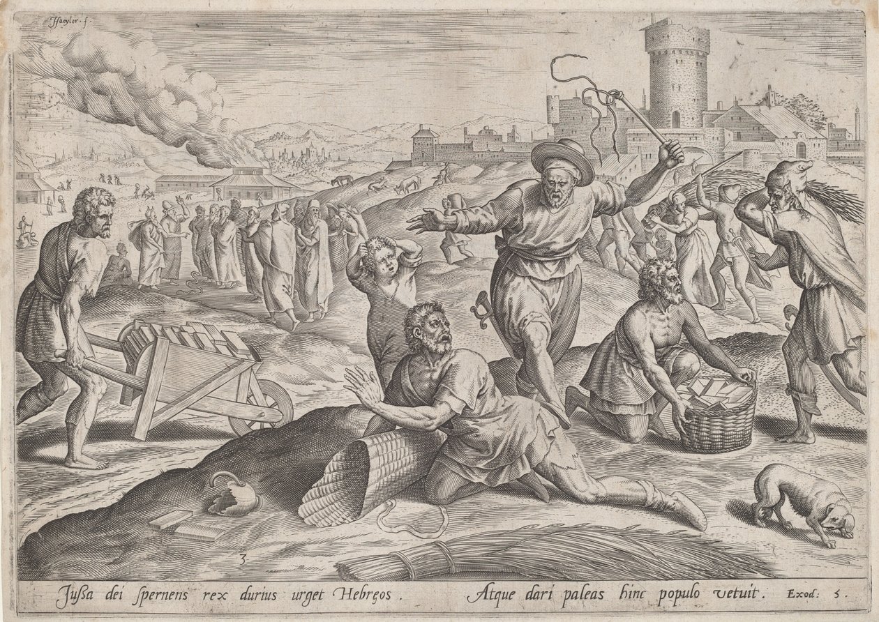 Az izraelitákat verő fáraó feladatfőnöke, 1585 körül. alkotó: Johann Sadeler I