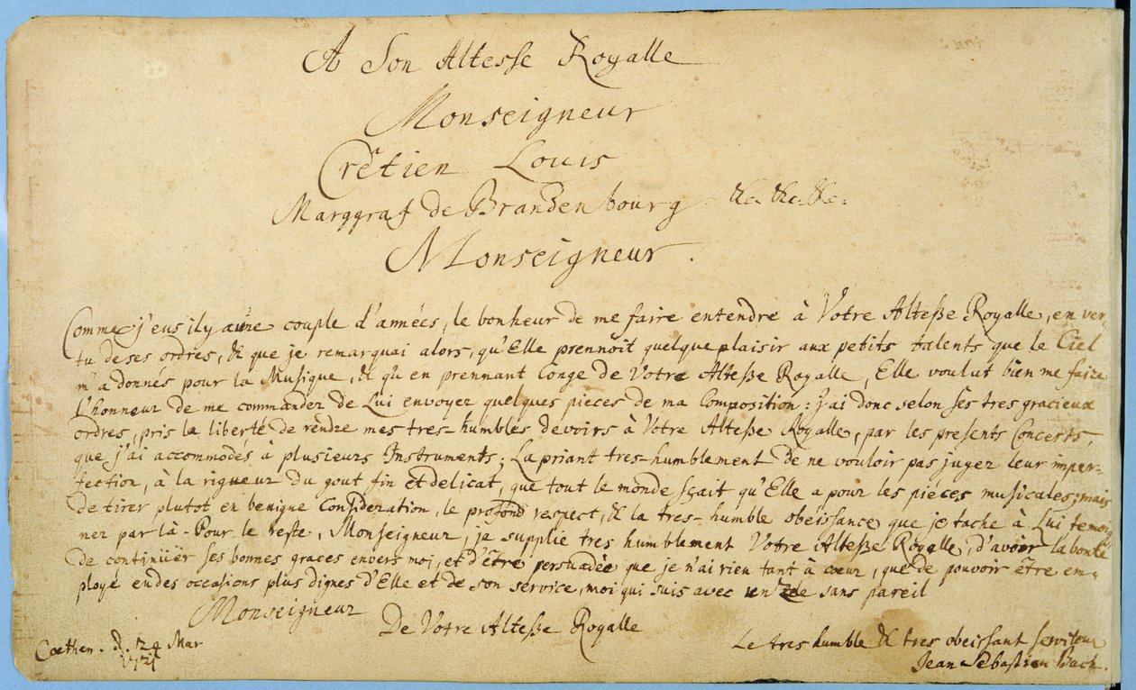 „Brandenburger Concertos” kézzel írott dedikációja Christian Ludwig brandenburgi őrgrófnak 1721. március 24-én (toll és tinta papíron) alkotó: Johann Sebastian Bach