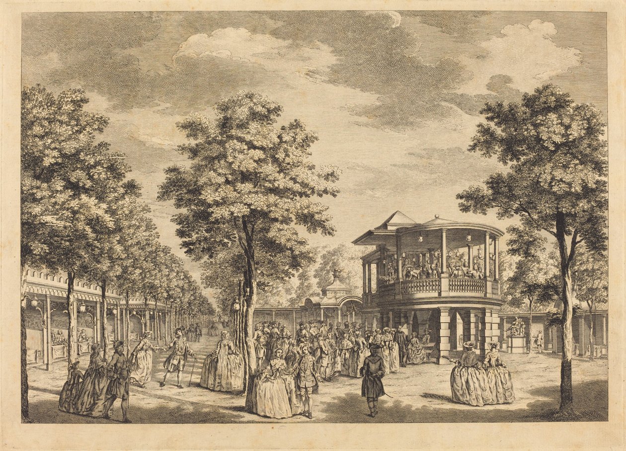 A Vauxhall Gardens bemutatja a Grand Walk sétát a kert bejáratánál és a Zenekar zenei játékkal alkotó: Johann Sebastian Müller after Samuel Wale