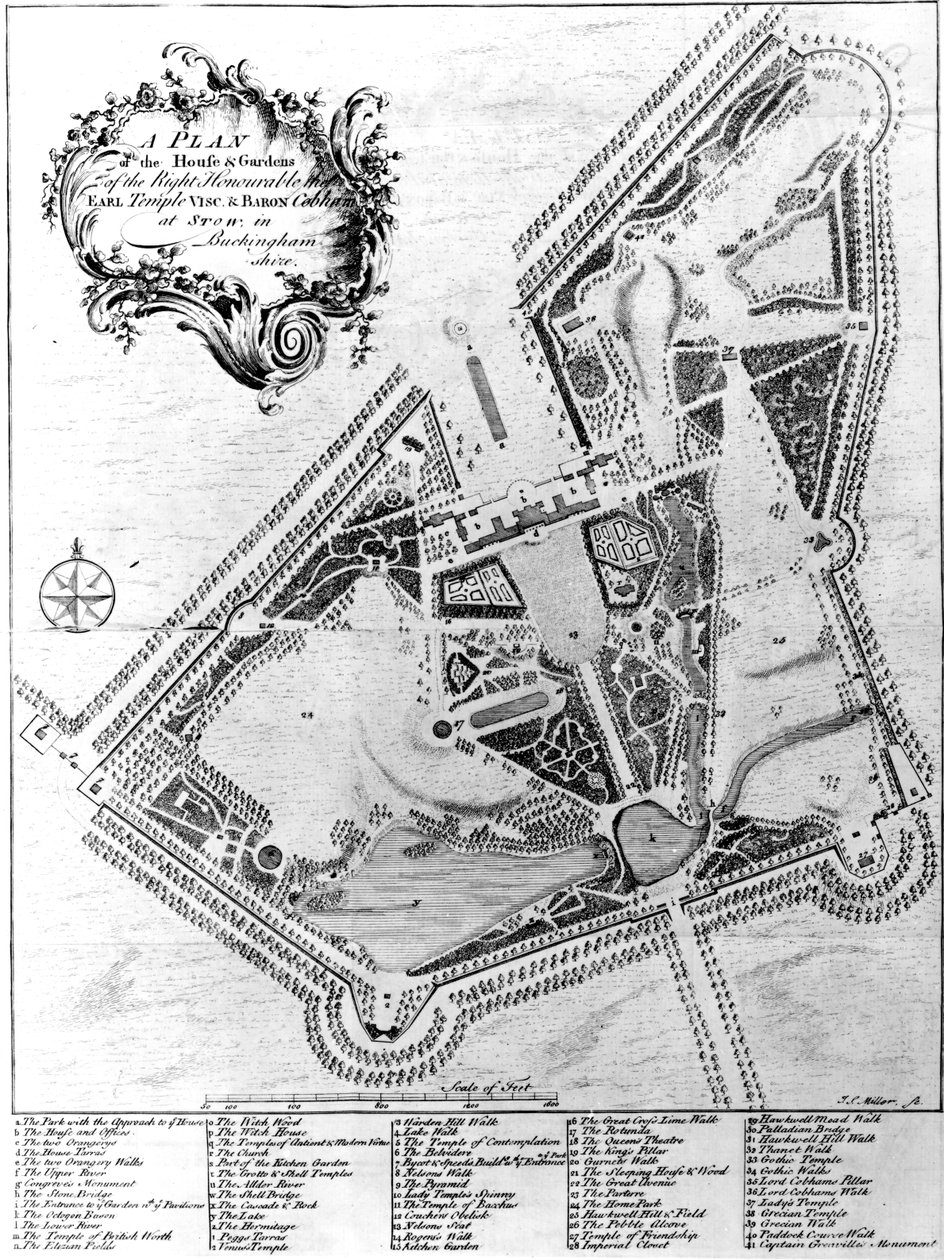 A Buckinghamshire-i Stowe házának és kertjeinek terve alkotó: Johann Sebastien Muller