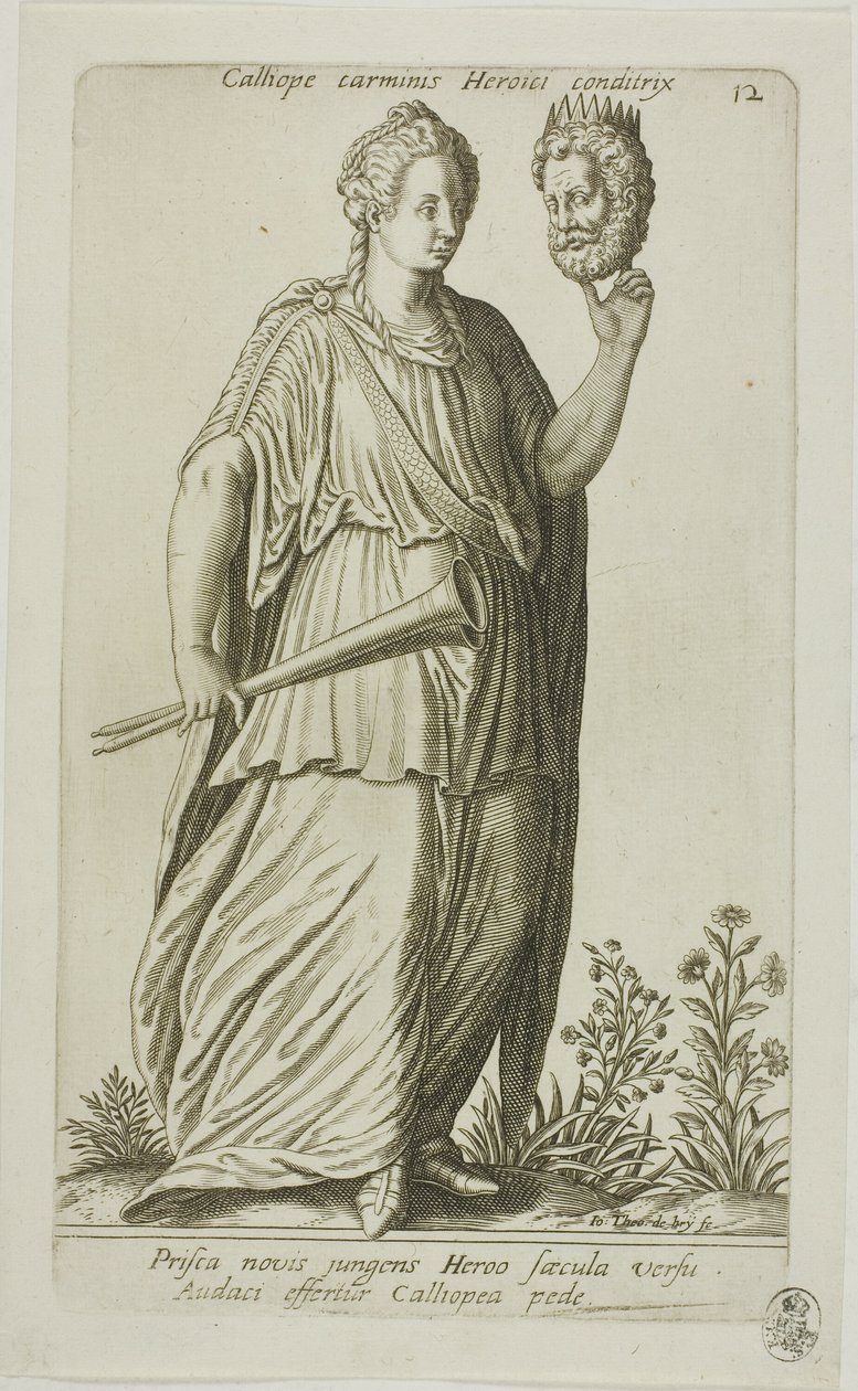 Calliope, az epikus költészet múzsája, 12. lemez a Parnassus Bicepstől alkotó: Johann Theodor de Bry