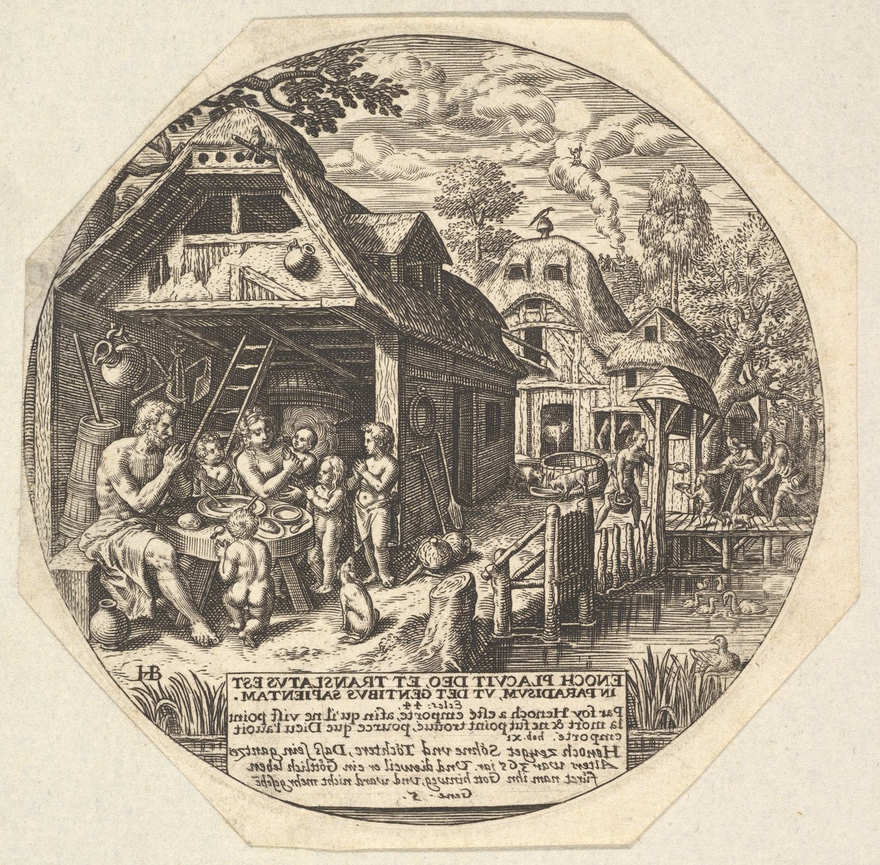 Énok és családja körülölelnek egy étkezési asztalt, és kézmozdulattal fogták a kezüket..., kb. 1580-1623. alkotó: Johann Theodor de Bry