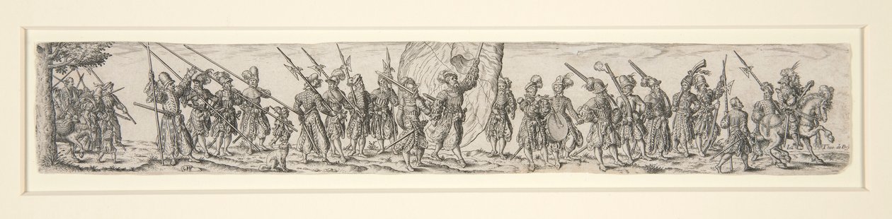 Felvonuló katonák zászlóvivővel alkotó: Johann Theodor de Bry
