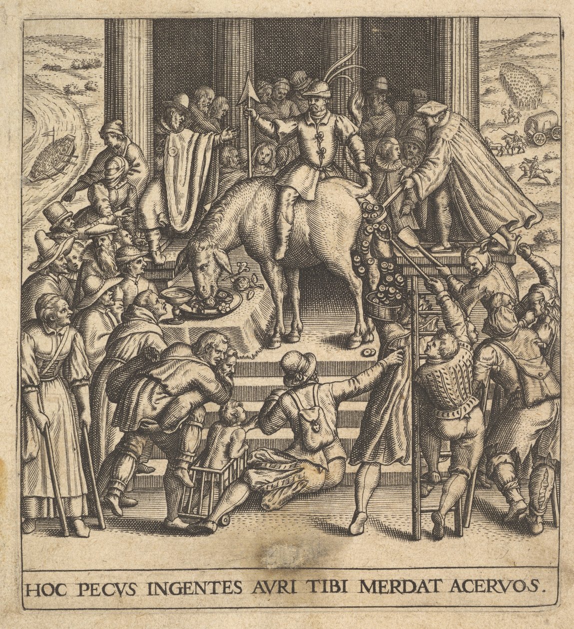 Férfiak gyűjtik az öszvér hátsó negyedéből lehullott trágyát, lovassal ülve ba..., 1592-1614. alkotó: Johann Theodor de Bry