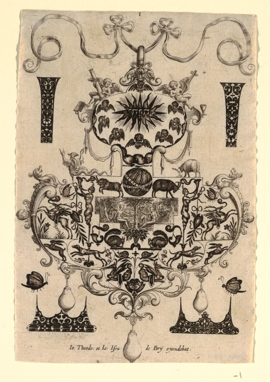 Medáldizájn a kísértéssel, 1. tábla, nyolc medáldizájn sorozatából, a kardinális erényekkel alkotó: Johann Theodor de Bry