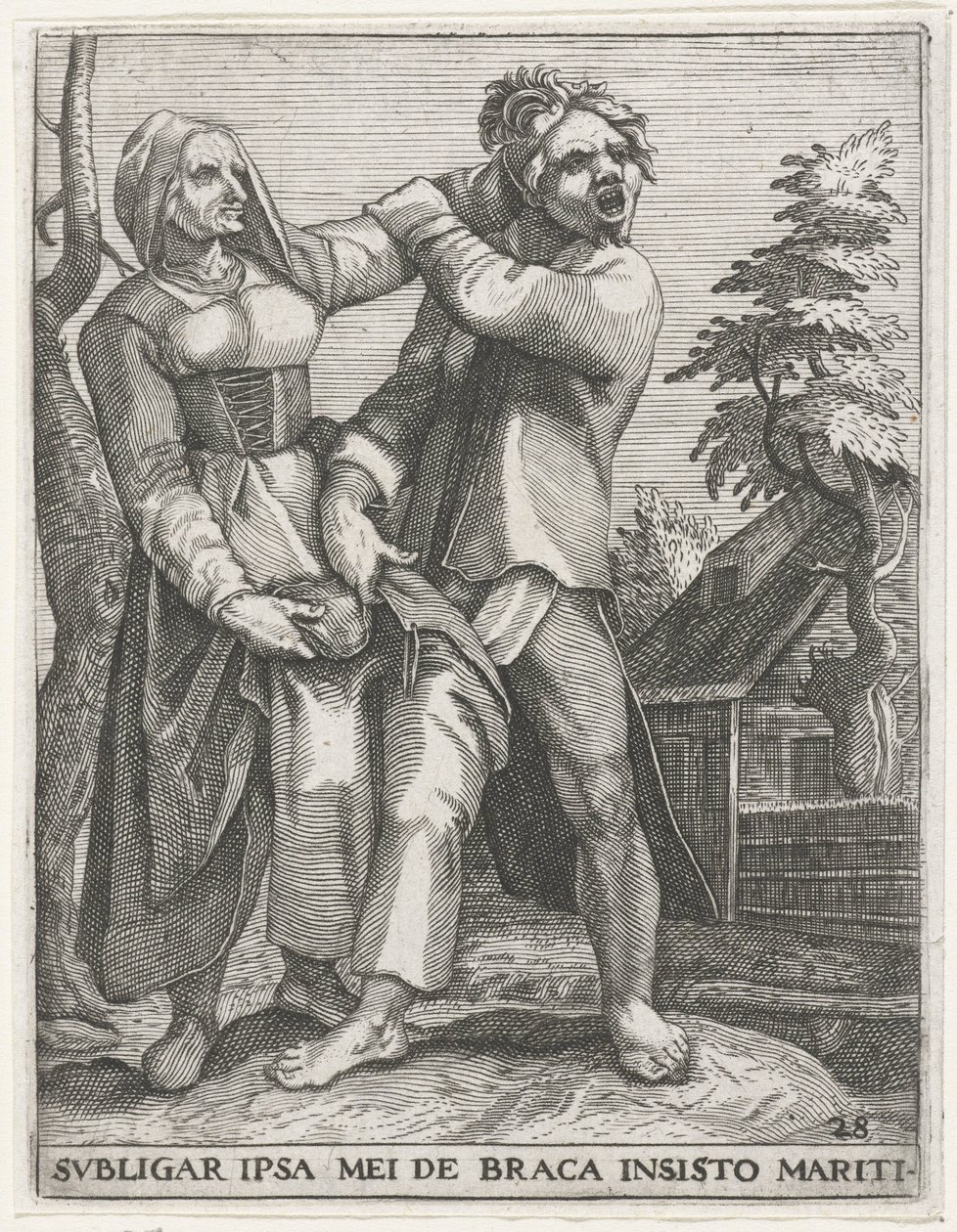 Strijd om de broek A FÉRJEM RAGASZTOTT NADRÁJÁRA FELKÖTÖM MAGAM (cím a tárgyon) Világi jelvények, 1596 (sorozat címe) alkotó: Johann Theodor de Bry
