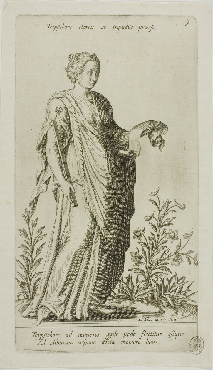 Terpsichore, Táncmúzsa, 9. lemez a Parnassus Bicepstől alkotó: Johann Theodor de Bry