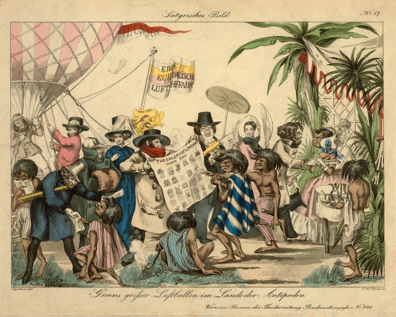 Green hőlégballonja az Antipodesban, 1840 körül (kézzel színezett rézkarc) alkotó: Johann Wenzel Zinke