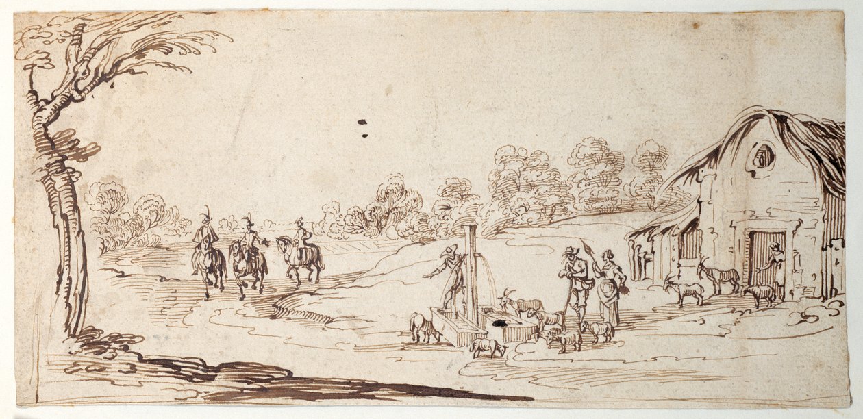 Vidéki jelenet (toll és tinta papíron) alkotó: Johann Wilhelm Baur