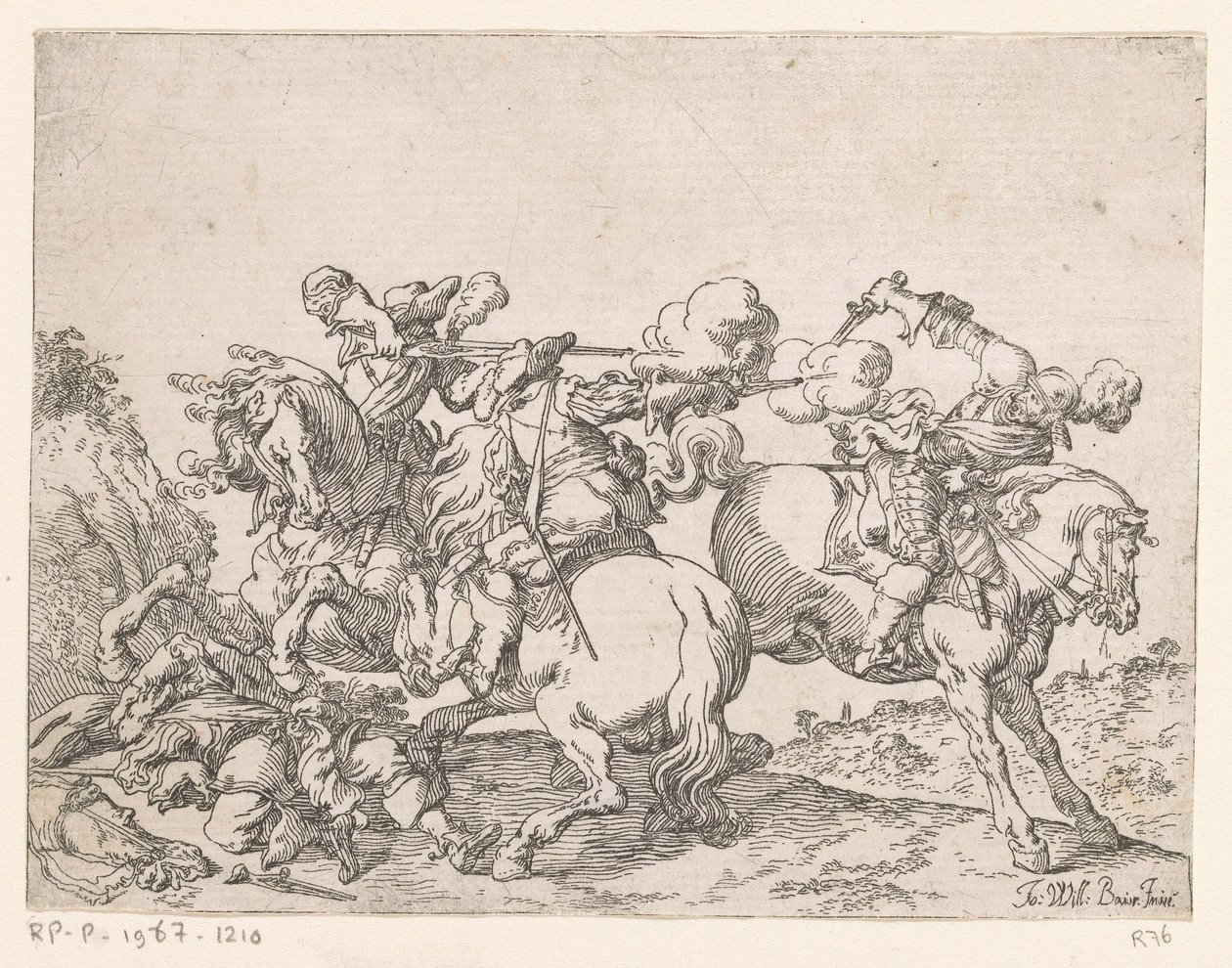 Két lóháton ülő muskétás rálő egy lovasra Csatajelenetek (sorozat címe) Capricci di varie battaglie (sorozat címe) alkotó: Johann Wilhelm Baur