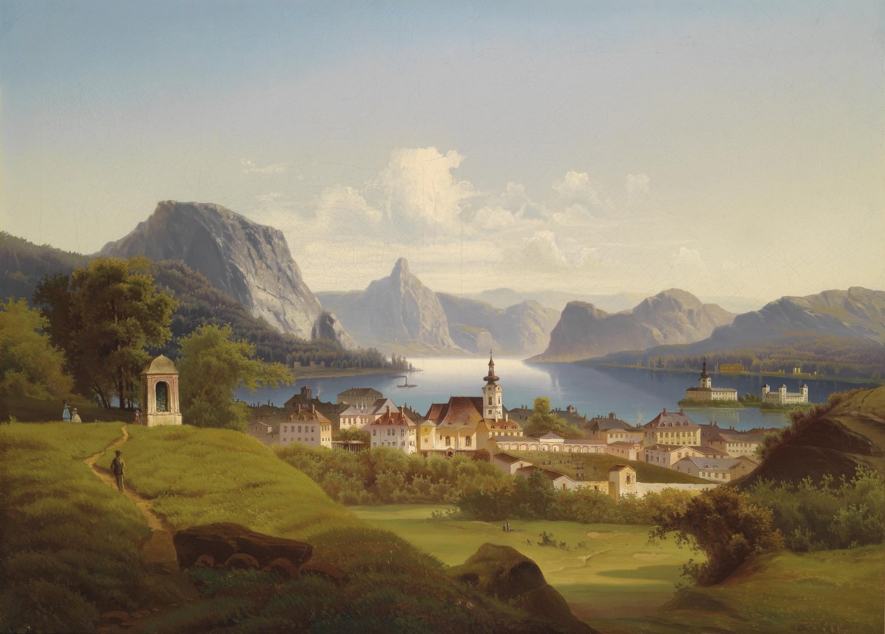 Gmunden kilátása a Schloss Orttal a háttérben, 1870 alkotó: Johann Wilhelm Jankowski