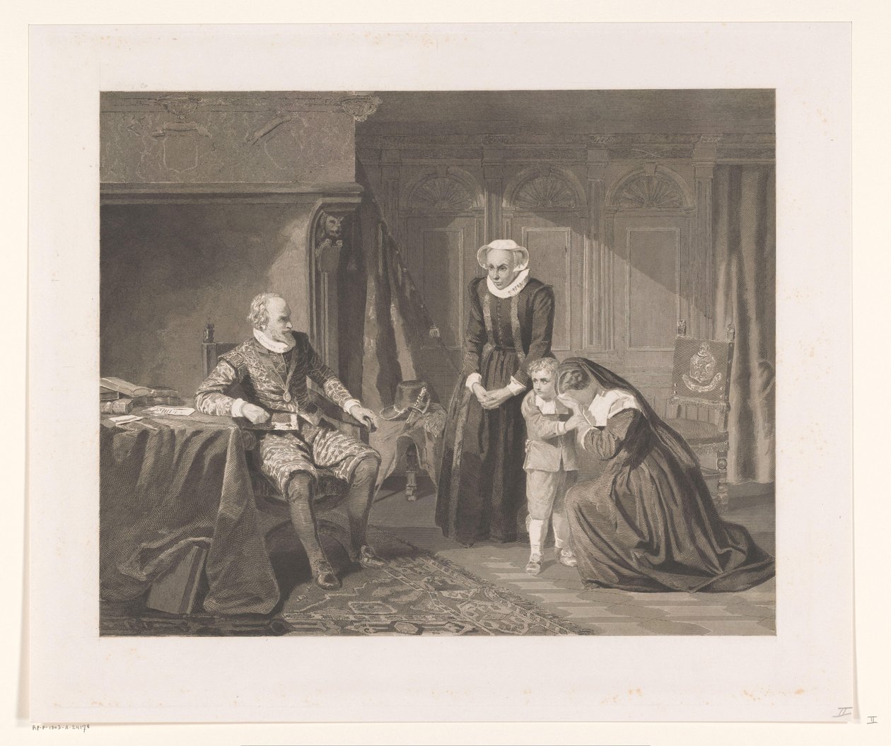 Reinier van Oldenbarnevelt anyja, felesége és fia könyörög Mauritsnak kegyelemért, 1623 alkotó: Johann Wilhelm Kaiser (I)