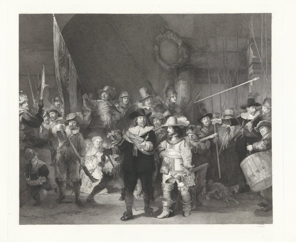 Frans Banninck Cocq kapitány és Willem van Ruytenburch hadnagy szövetsége, az „éjszakai őrség” néven ismert. alkotó: Johann Wilhelm Kaiser (I)