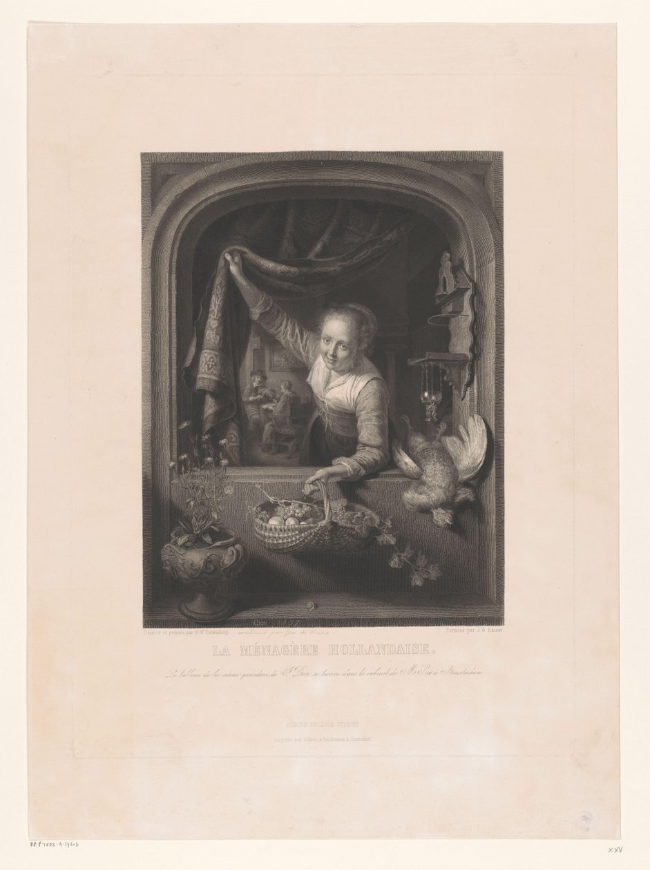 Nő gyümölcskosárral a kezében az ablak mellett La menagerè Hollandaise (cím a tárgyon) alkotó: Johann Wilhelm Kaiser (I)
