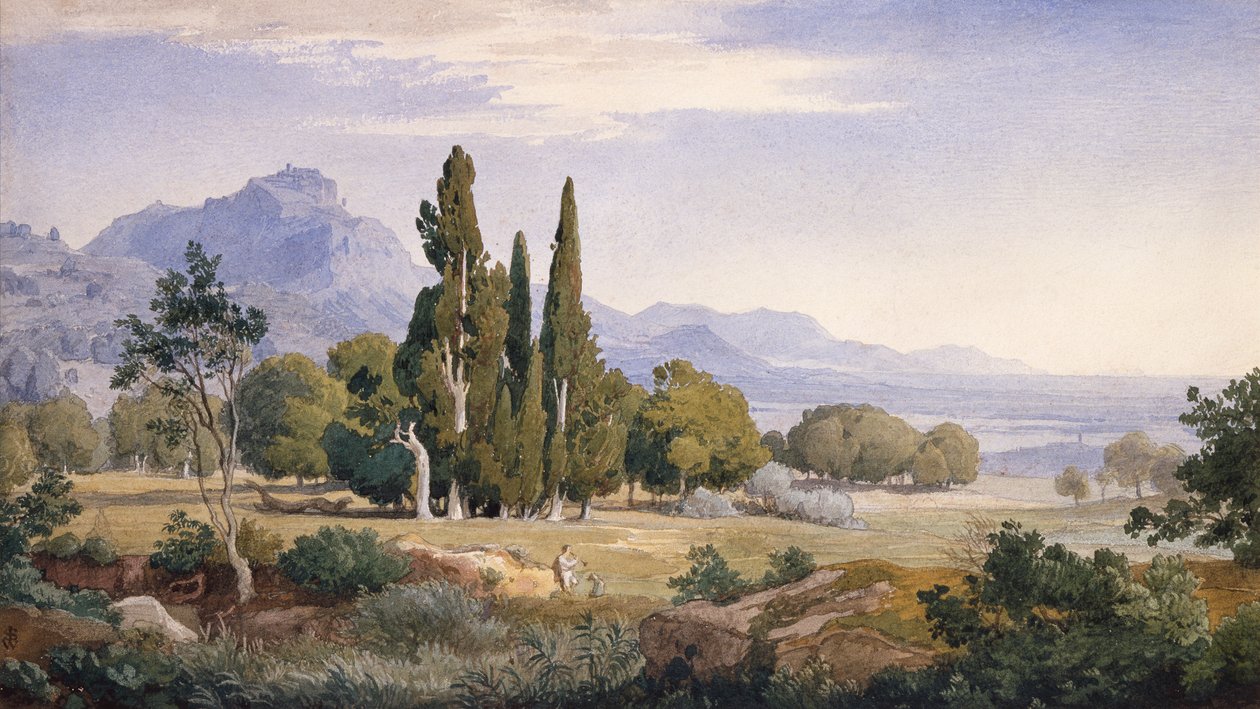 Árkádiai táj (ceruza és akvarell) alkotó: Johann Wilhelm Schirmer