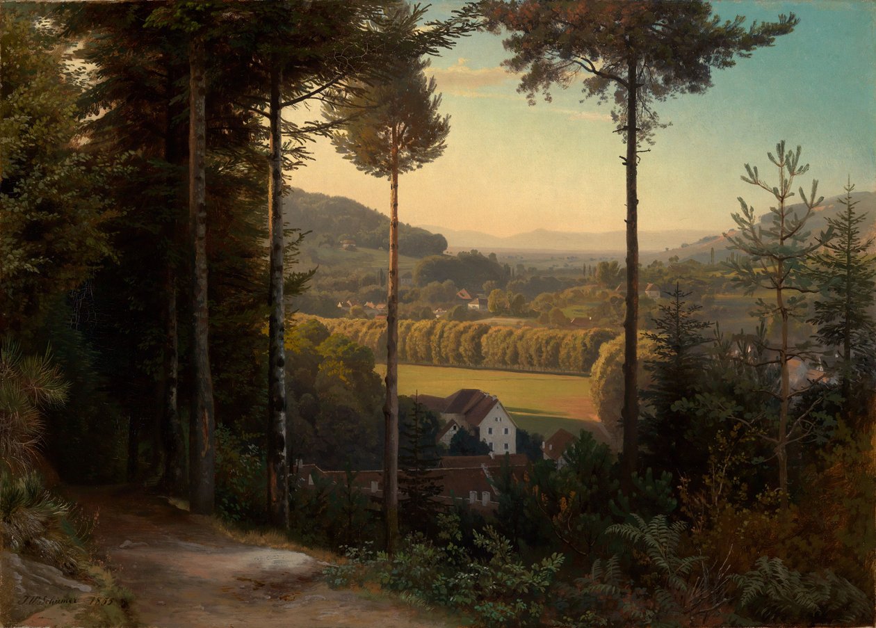 Az Oos-völgy a Rajna-síkságra és a Vogézekre néző kilátással, este alkotó: Johann Wilhelm Schirmer