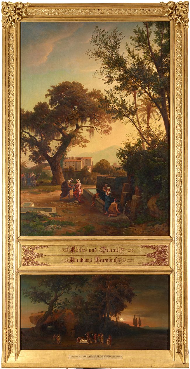 Eliezer és Rebeka a kútnál (fent). Ábrahám temetése (lent). Az „Ábrahám történetét bemutató tizenkét bibliai tájkép” című ciklusból alkotó: Johann Wilhelm Schirmer