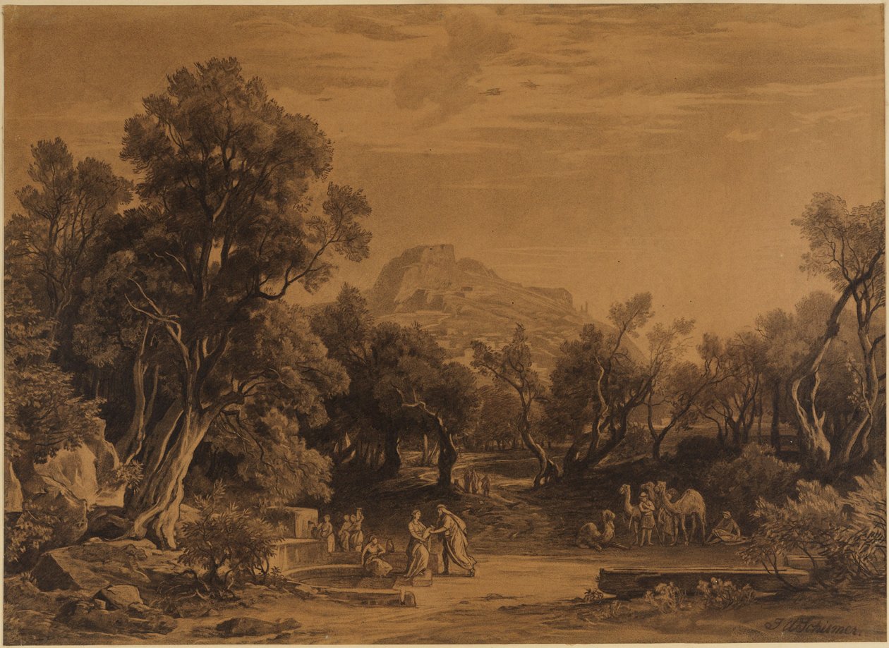 Eliézer és Rebeka a kútnál (Mózes első könyve 24, 17-18) alkotó: Johann Wilhelm Schirmer