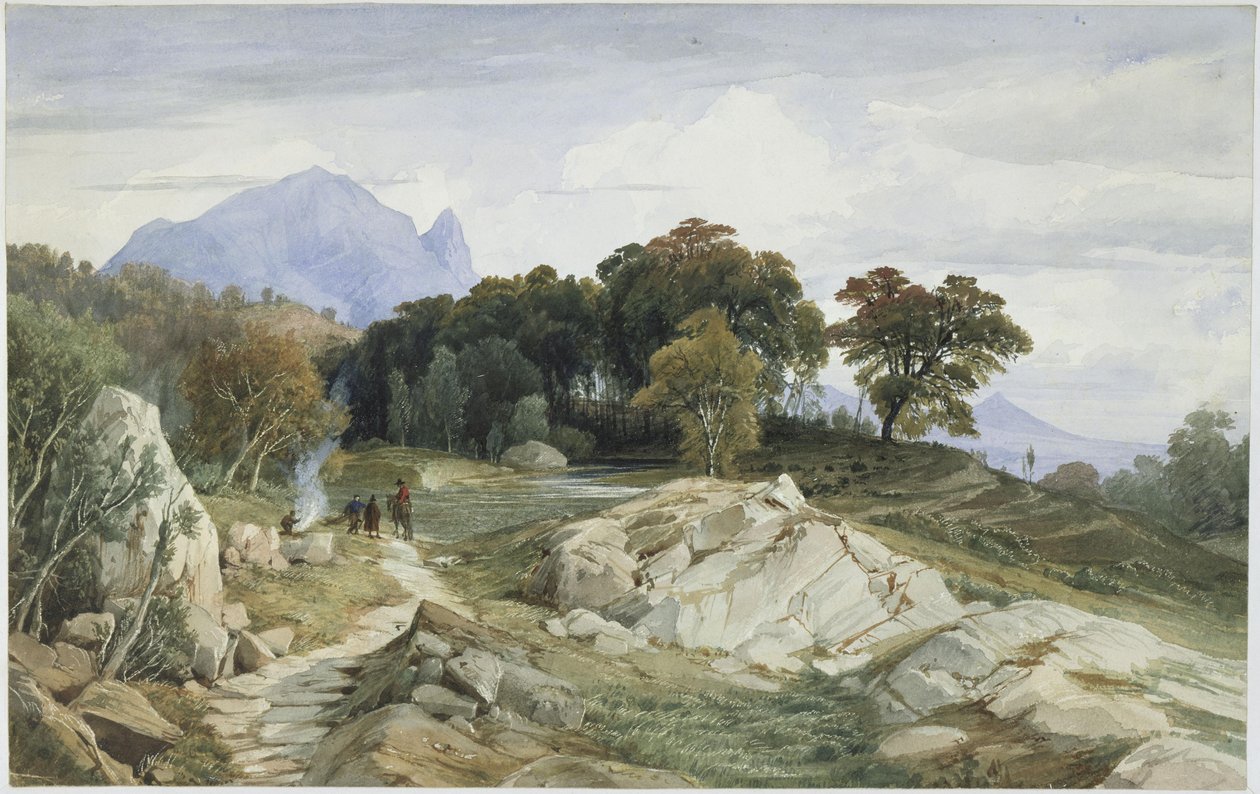 Olasz erdő- és hegyvidéki táj, egy lovas és három férfi a tűz mellett alkotó: Johann Wilhelm Schirmer