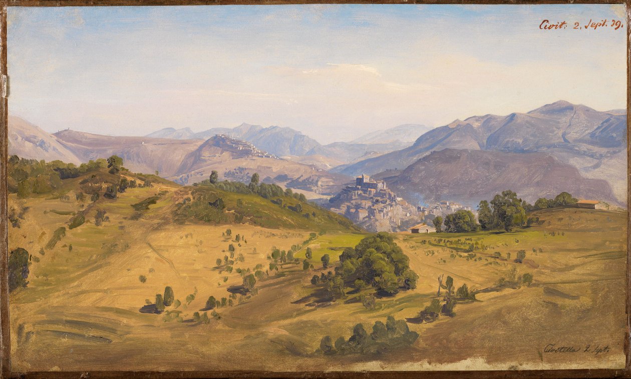 Civitella környékének tájképe, észak felé, a Rocca Canterano-ra néző kilátással alkotó: Johann Wilhelm Schirmer