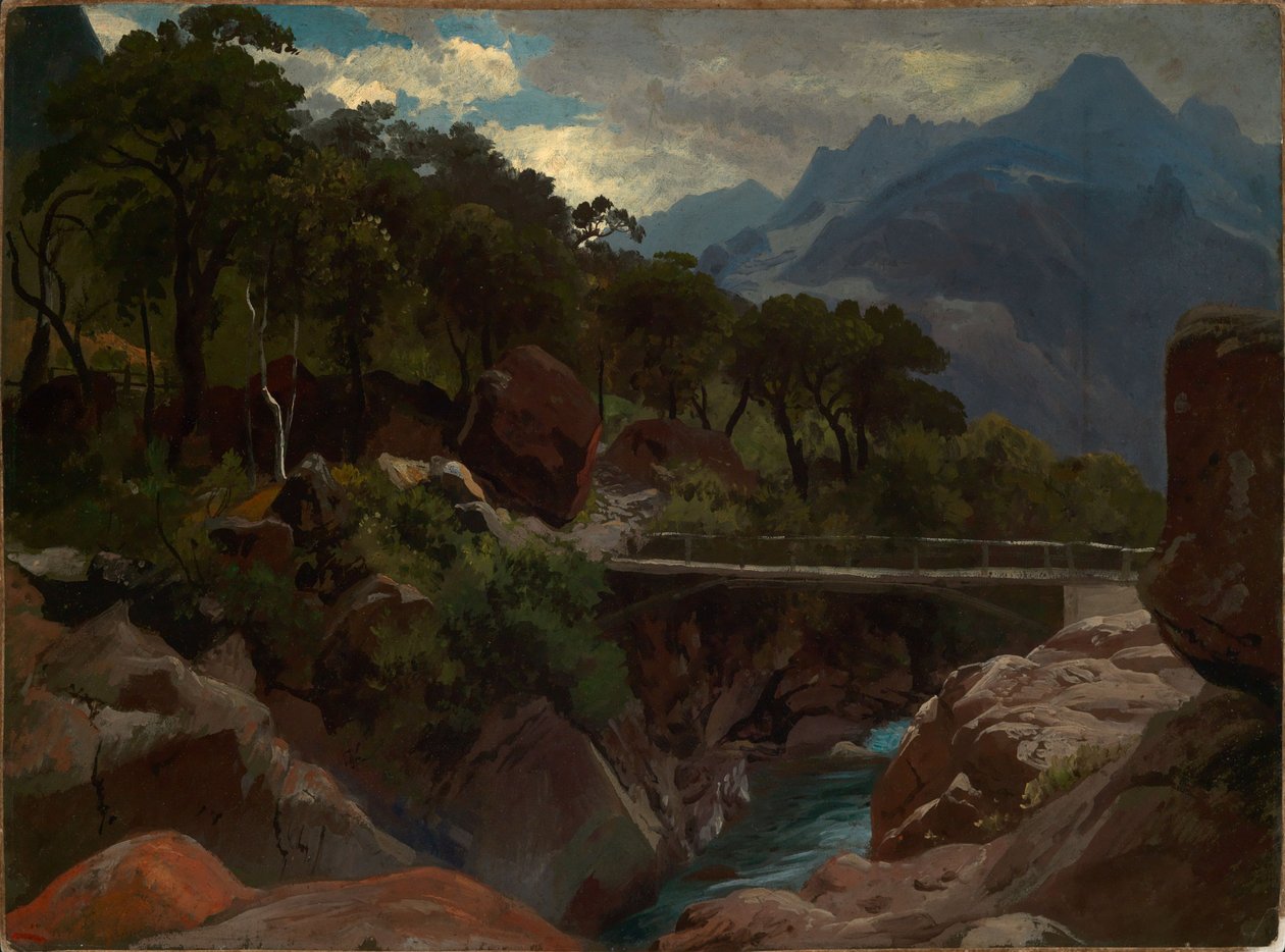 Svájci hegyi folyó gyaloghíddal alkotó: Johann Wilhelm Schirmer