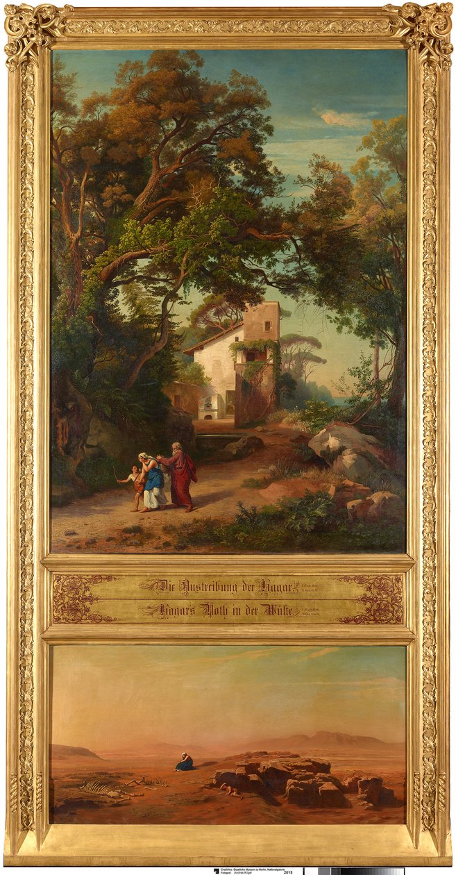Hágár elűzése (fent). Hágár a sivatagban (lent). A „Tizenkét bibliai tájkép Ábrahám történetével” című ciklusból alkotó: Johann Wilhelm Schirmer