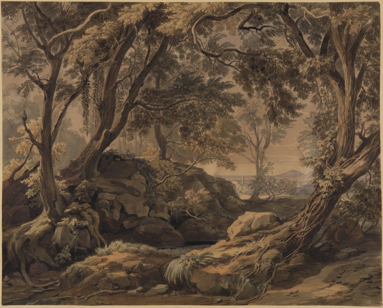 Erdei táj Olevano és a Monte Cavo látképével alkotó: Johann Wilhelm Schirmer