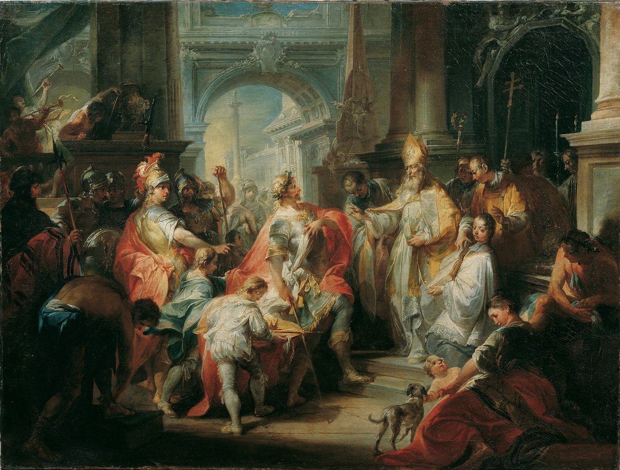 Szent Ambrus megtagadja Theodosius császár belépését a milánói dómba alkotó: Johann Wolfgang Baumgartner