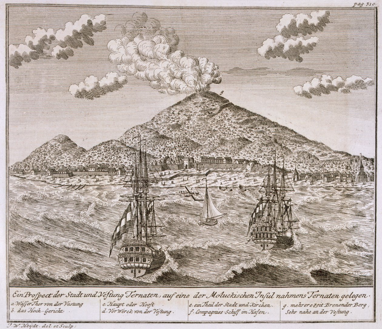 A „Ternate” nevű sziget a Molukkákon, a tengerparton és a Holland Kelet-Indiai Társaság hajóiban az 1730-as években, Batavia nézeteinek sorozatából: „Schau-platz von Africa und Ost-Indien”, 1744-ben (metszet) alkotó: Johann Wolfgang Heydt